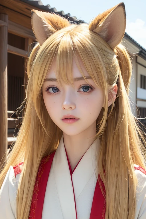 ((Beautiful blonde hair))、((Beautiful blonde))、Small fox ears、one girl, (a beauty girl, delicate girl:1.3), (************, change:1.3), break,((Shrine maiden costume)),(Brown fox ears) break, Definition of Very Fine Particles, (Symmetrical eyes:1.3), break, (alley, Kyoto:1.3), perfectly trimmed fingers, break, ((Beautiful medium milk)), Brown eyes, Parted bangs, Brown Hair, girl, break, (Eye and facial details:1.0), break, (masterpiece, Highest quality, Very detailed, Detailed face, 8k)