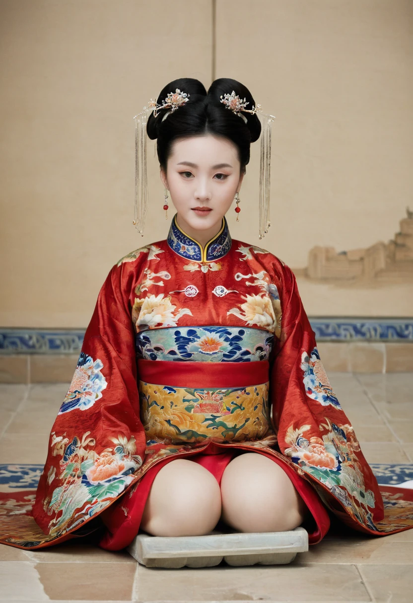 A woman seen from below, sitting facing forward with her legs apart. Empress of the Qing Dynasty, Chinese imperial court. The empress of China is wearing a crown and a red Manchu dress with a floral pattern. Her chest, lower abdomen, thighs and feet are open at the front.。She is wearing no underwear, and her large breasts are exposed, right down to her bare stomach. Her hair is tied up and pulled up, and the background is the stone pavement of the Chinese palace of the Qing Dynasty.