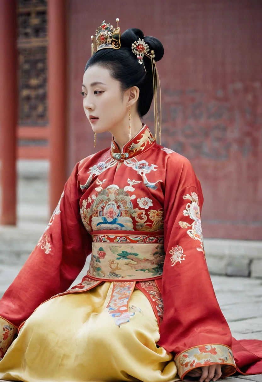 A woman seen from below, sitting facing forward with her legs apart. Empress of the Qing Dynasty, Chinese imperial court. The empress of China is wearing a crown and a red Manchu dress with a floral pattern. Her chest, lower abdomen, thighs and feet are open at the front.。She is wearing no underwear, and her large breasts are exposed, right down to her bare stomach. Her hair is tied up and pulled up, and the background is the stone pavement of the Chinese palace of the Qing Dynasty.