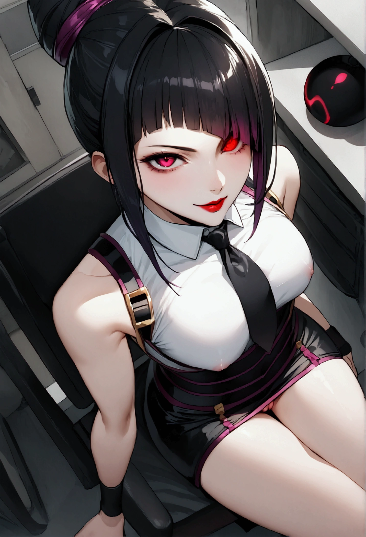 juri han, work of art, tight white secretary shirt with black tie, black high waist skirt, short skirt,stocking, black hair, black tightscary sun,office,bangs on the eyes,Lighting, hair with purple details,view from above,staring overhead,evil smile,sitting,cross legs,red eyes glowing,red lips,The eyes,pussy,seducing smile,open legss,stocking black