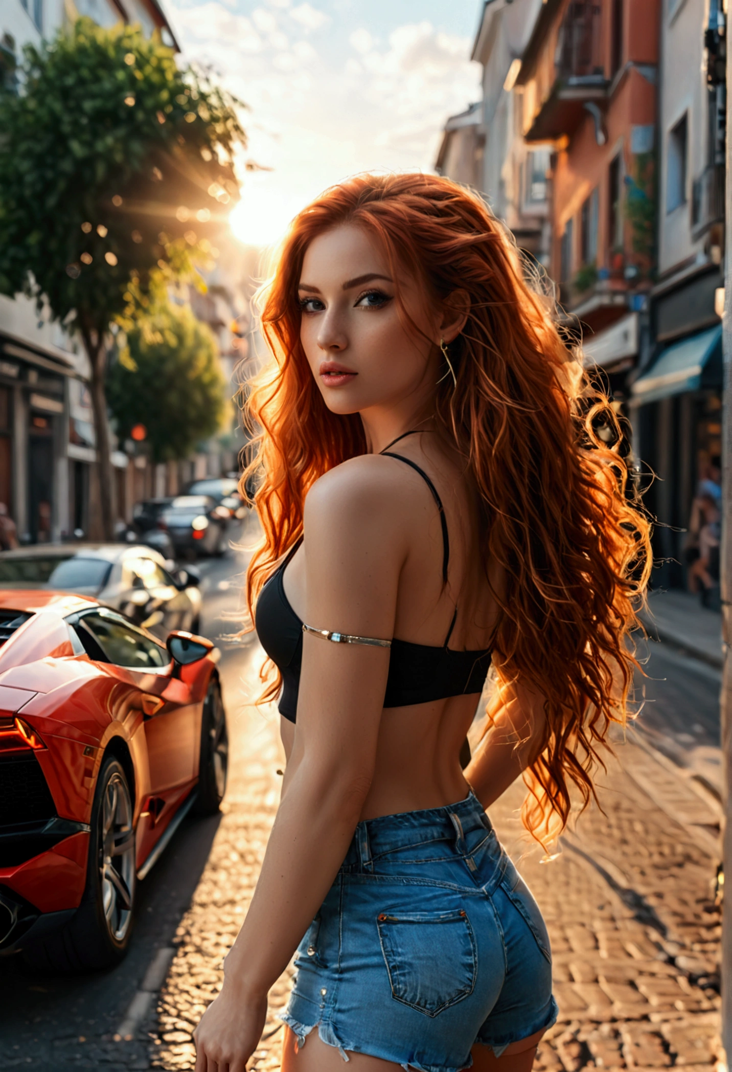 (full body shot:1.5) photorealistic image of a (standing pose:1.1) woman, ultra realistic, photography, long red hair, girl, 24 years old, hourglass figure, perfect body, Flirty look, natural medium breasts, A girl in a tight top and shorts, standing on road, long hair, Lamborghini in background, modern city, summer, (best quality,4k,8k,highres,masterpiece:1.2),ultra-detailed,(realistic,photorealistic,photo-realistic:1.37),hyperrealistic,extremely detailed,professional photography,dramatic lighting,cinematic composition,warm color tones,sun flare