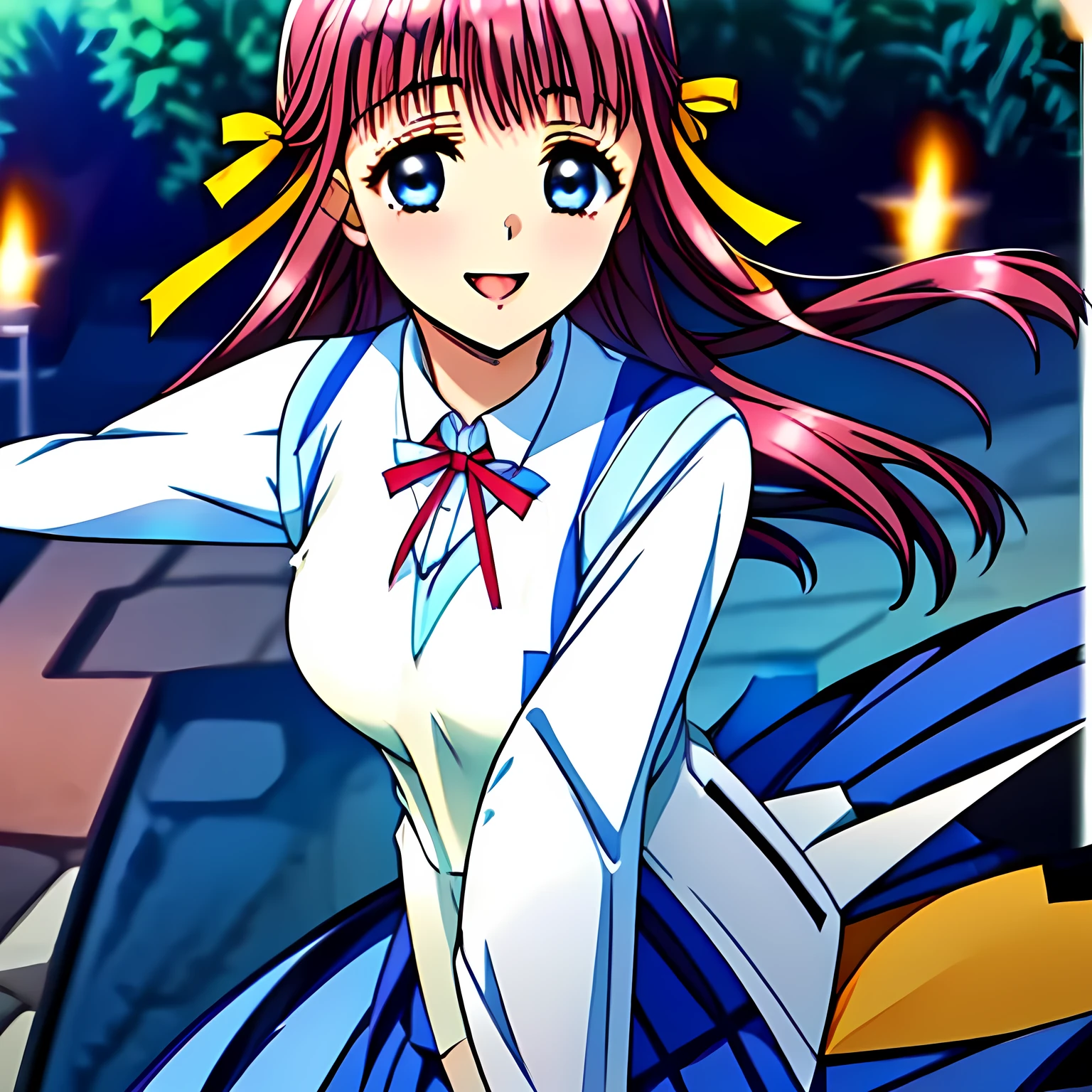 (highest quality, masterpiece:1.2), highest quality, High resolution, 1080P, 8k, (Very beautiful and delicately drawn high-resolution anime CG: 1.5), (A beautiful girl anime heroine, A very neat, very noble, pretty, pure girl is raising up from evil darkness: 1.4), ((black background with evil candles: 1.2)), Glossy lips, Evenly cut bangs, (beautiful blue eyes with detailed: 1.2), (Very beautiful and very long flowing pink hair: 1.2), (Noble blue school vest uniform, blue pleated noble skirt, white blouse: 1.6), (Big yellow cute wide ribbon on her chest), (Yellow hair ribbon clip: 1.0), (Giggling: 1.0), (Mouth is laughing and wide open as a game heroine: 1.0), (A beautiful body like a model), (Walking with a school bag, turning around), (long cute eyelashes: 1.4), ((thin droopy eyebrows: 1.4)), (giggling and calling me to invite me to her extreme happiness with her mouth widely open!: 1.6), (showing her very long tongue: 1.6), (laughing shy cheeks and lips, as if watching a comedy: 1.5), ((Very super long wavy hair is too much beautiful: 1.0)), (Tilting her head shyly), (Too beautiful women to stop falling into her, makes me crazy: 1.6), (She is in fact succubi and calling me with strong religious temptation, drops me into craziness: 1.2), (showing her palm to invite me: 1.2)