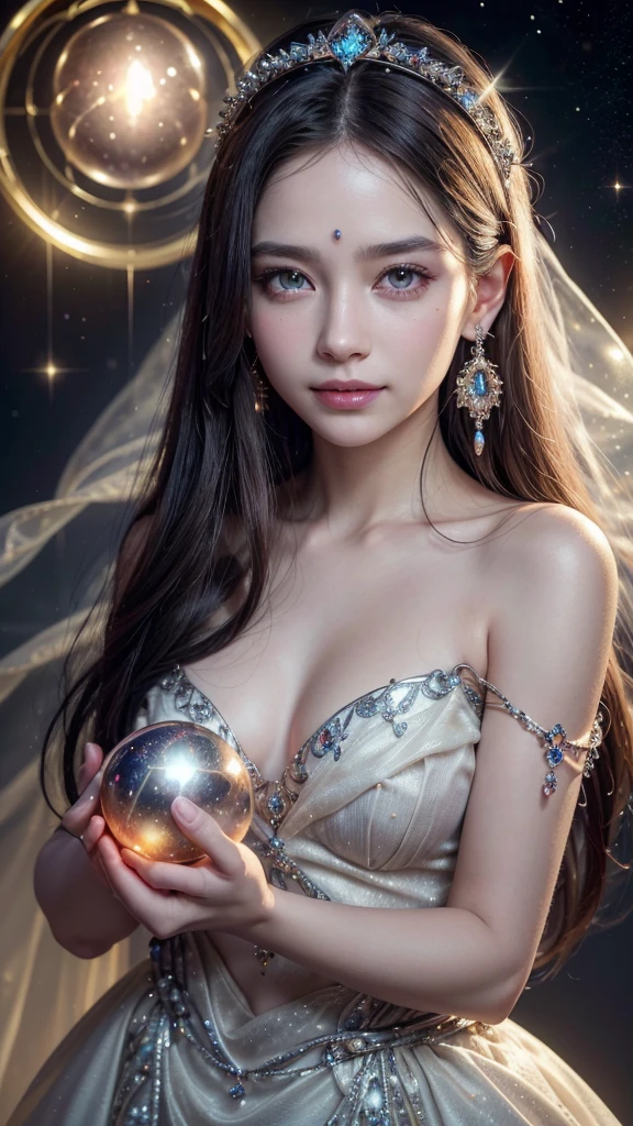 (a mystical woman with long straight dark hair,detailed jeweled headpiece,intricate earrings,serene expression,holding glowing crystal ball in both hands,cosmic background,sparkling stars,circular ornament with colorful gems,magical otherworldly scene,soft radiant lighting,ethereal atmosphere,best quality,4K,8k,highres,masterpiece:1.2,ultra-detailed,realistic,photorealistic,photo-realistic:1.37,HDR,uhd,studio lighting,ultra-fine painting,sharp focus,physically-based rendering,extreme detail description,professional,vivid colors,bokeh)Blonde, Symmetrical, Sparkling eyes, Grin, The whites of the eyes are different colors, Sparkling eyes, 