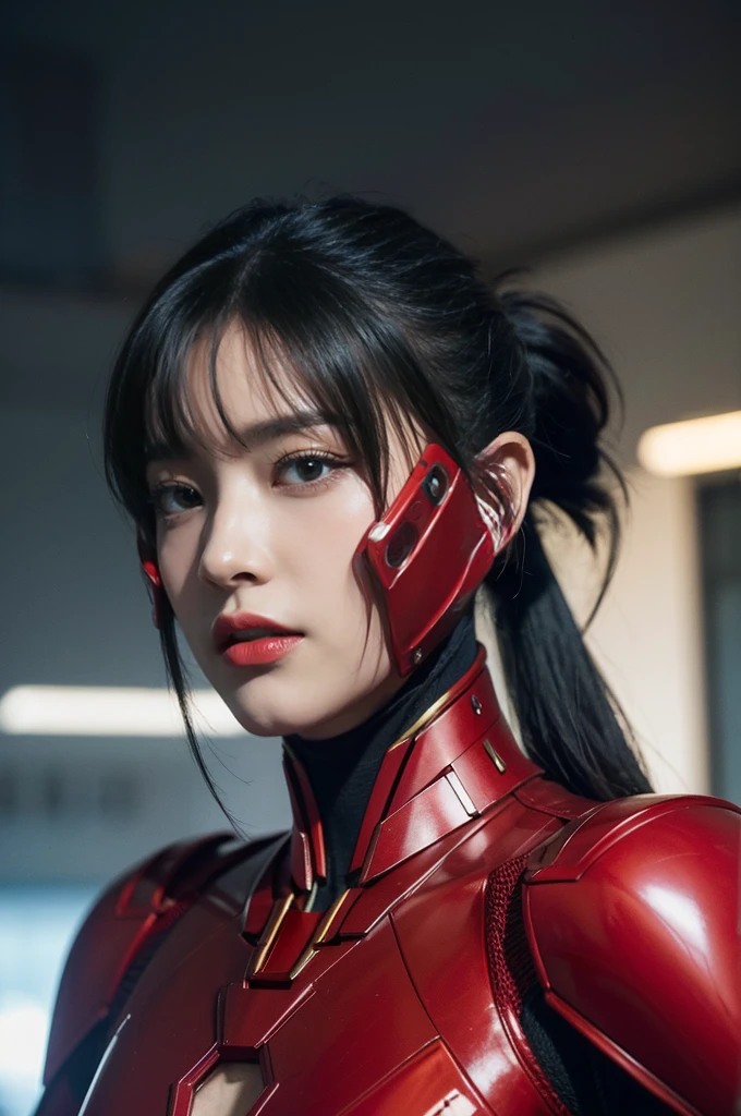 masterpiece,best quality,high resolution,8k,(portrait photography:1.5),(ROriginal photo),real photo,digital photography,(Combination of cyberpunk and fantasy styles),(female soldier),20 year old girl,random hairstyles,with bangs,(red eyes chest, part,red lip,(he frowned,derision),(Costume that combines cyberpunk and fantasy styles,openwork design,joint armor,police uniform,red iron suit),expose one&#39;s navel,Photo pose chest skin texture is realistic.,realistic style,thunder and lightning on a rainy day,(Thunder magic),oc rendering reflection texture