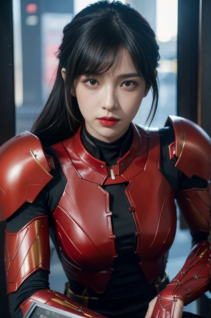 masterpiece,best quality,high resolution,8k,(portrait photography:1.5),(ROriginal photo),real photo,digital photography,(Combination of cyberpunk and fantasy styles),(female soldier),20 year old girl,random hairstyles,with bangs,(red eyes chest, part,red lip,(he frowned,derision),(Costume that combines cyberpunk and fantasy styles,openwork design,joint armor,police uniform,red iron suit),expose one's navel,Photo pose chest skin texture is realistic.,realistic style,thunder and lightning on a rainy day,(Thunder magic),oc rendering reflection texture