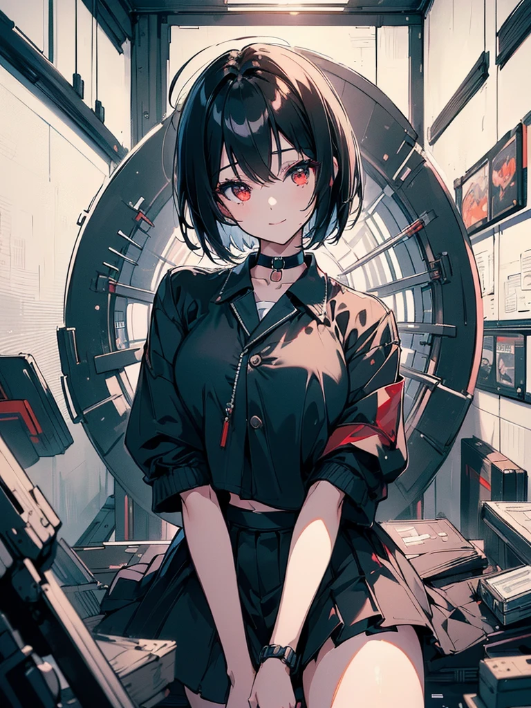 (masterpiece, highest quality, highest quality, (No text), Beautiful and aesthetic:1.2),No text,アニメ、BREAK,One Girl，Black Hair Girl　short hair　older sister　choker　Beautiful eyes　Red eyes　cool　smile　Black and white　Black jacket　mini skirt　whole body　In town