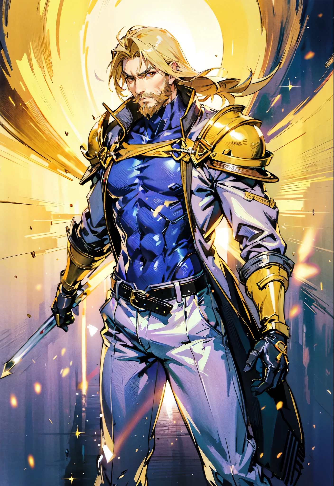 (masterpiece:1.2, best quality:1.2, extremely delicate:1.2), ((male:1.5)), a middle-aged man with slicked-back brown long hair, golden parted bangs, raised thick eyebrows, sharp eyes, rugged features, a full beard, a confident smile, tall and sturdy build, a fantasy martial arts style white open-chest silk coat with a long hem, a yellow shawl, long gloves, a leather belt, canvas trousers, standing in a sunny desert oasis, this character embodies a finely crafted fantasy martial arts style desert ruler in anime style, exquisite and mature manga art style, dramatic, high definition, highres, ultra-detailed, ultra-fine painting, professional, perfect body proportions, golden ratio, anatomically correct, symmetrical face, extremely detailed eyes and face, high quality eyes, creativity, RAW photo, UHD, 32k, Natural light, cinematic lighting, (masterpiece-anatomy-perfect:1.2)