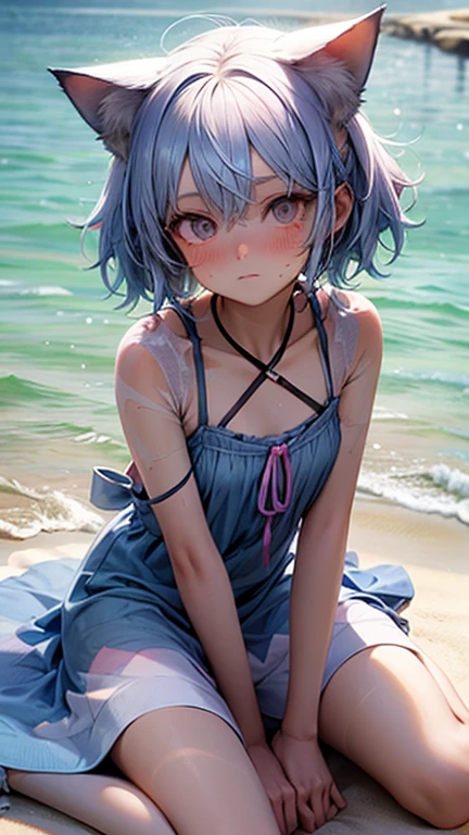 Ice Fairy,Cirno,Cat ear,mysterious,Ocean,beach,summer,Light blue dress,Pink ribbon on the chest,Blue Hair,Sunburn,sunlight
