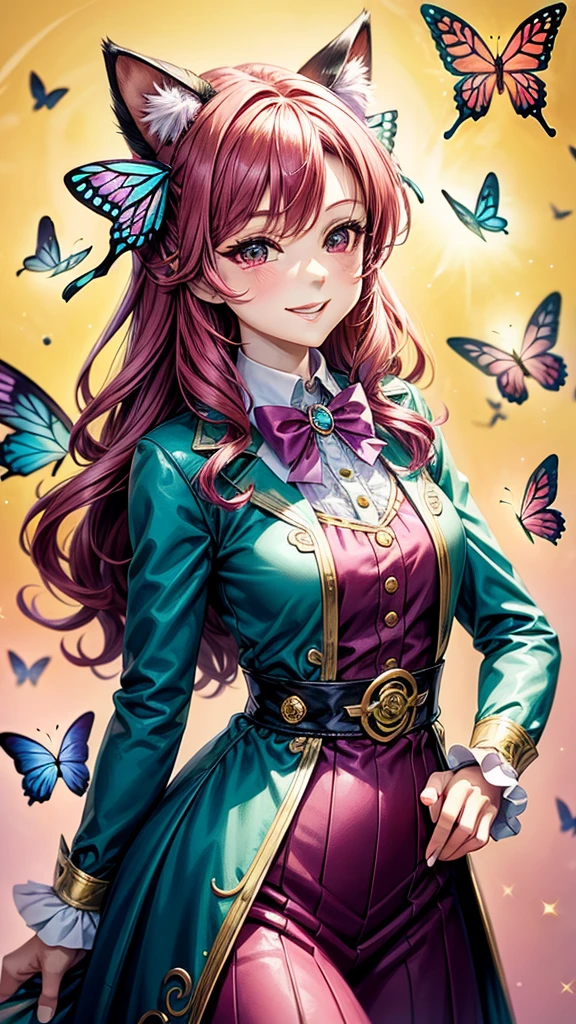 Magenta hair, brown eyes, older woman, hair bows, cat ears, long hair, smiling face, sexy outfit, butterflies, teal and gold outfit, butterfly background, uniform open chest top