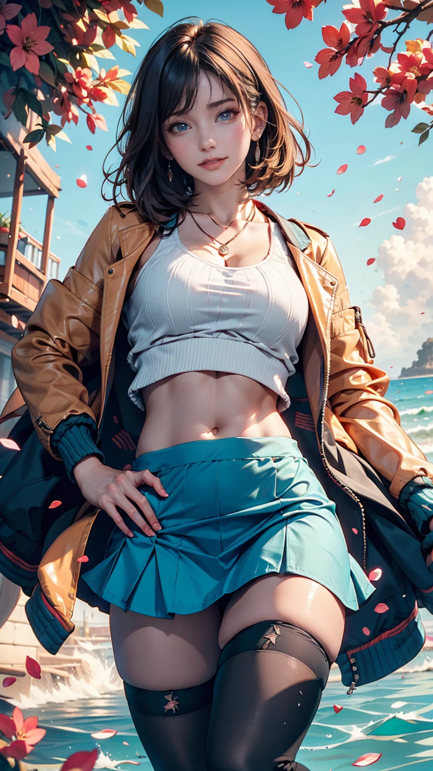 Beautiful and delicate portrait of a playful cute girl with boyish short hair, Black Hair, Emerald Green Sea, Mischievous Smile, Dancing Petals, (Highest quality, masterpiece, Ultra-realistic) Floating petals in the background、Sexy proportionidriff Jacket((midriff jacket))、Low rise mini flare skirt、High Knee Socks、sneakers、Top view、Pastel color background with shadows falling on the ground