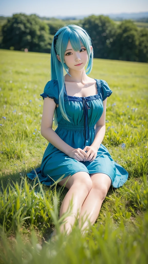 Sitting on a green meadow,Blue hair anime girl in blue dress