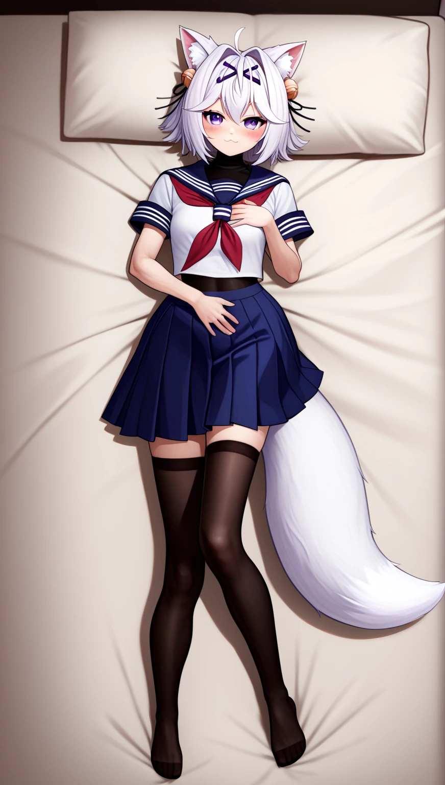 dakimakura, UHD, masterpiece, best quality, extremely detailed, anatomically correct, sharp focus, midnight, frontal light, full body light, soft light, diffuse light, shade, no shadow, messy bed, lying on bed, 1girl, solo, Filian, ((fox tail)), cat ears, (white hair), short hair, ahoge, hairclip, hair bell, big round eyes, deep purple eyes, ((dark purple eyes)), blush, closed mouth, smile, (detailed mouth),small breast, serafuku, red neckerchief, swimsuit under clothes, covered navel, blue skirt, black stockings, thick arms, thick waist, slim legs, Eye-Level Shot, full body pose, innocent pose, front view,