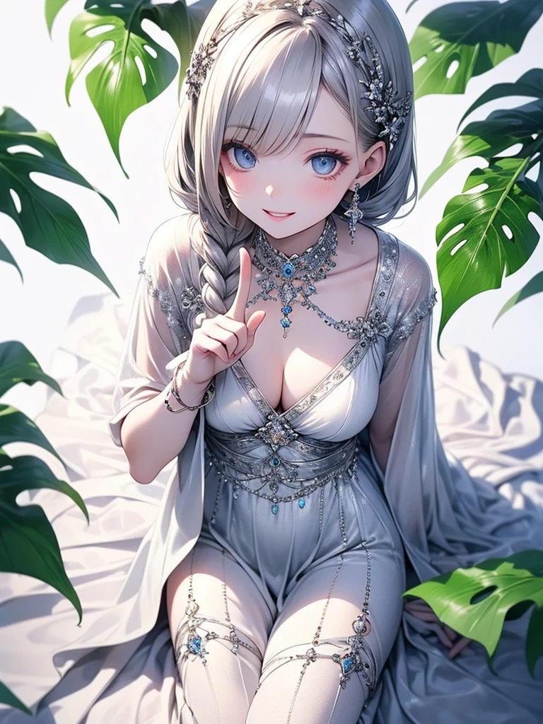 (master piece),(4k),(perfect anatomy),(complete fingers),high quality,flat chest,(1girl),(solo),pale skin,Dramatic makeup,smiling elegantly,beautiful detailed blue eyes,silver hair,right braid loose side tail,silky dress,((with white cloak)), (Highly detailed elegant),Fade out beautifully, Detailed skin, Bokeh, Silky to the touch, Hyper Detail,sitting,in simple room,(foliage plant),from above