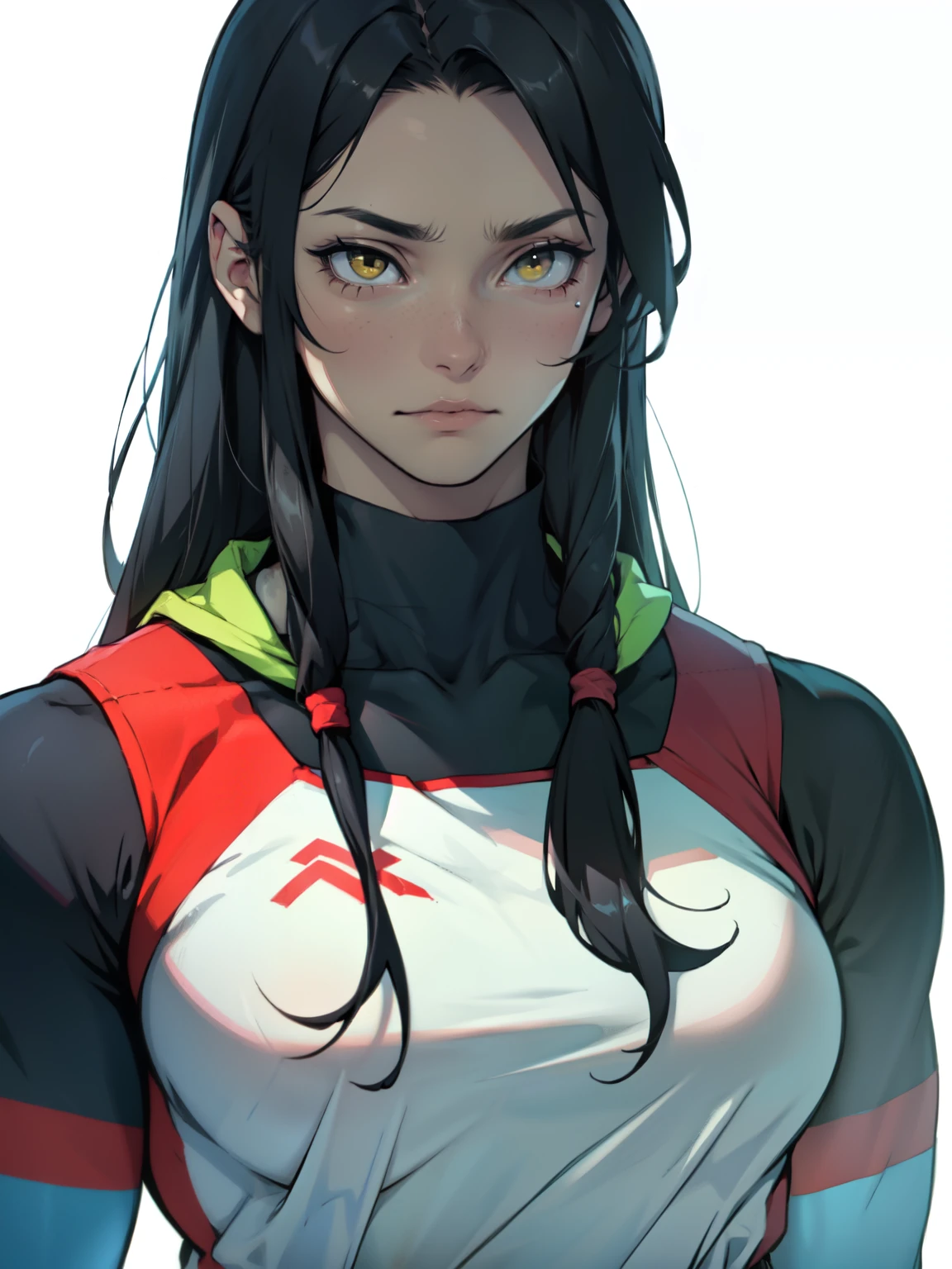 empty eyes embarrassed girl black hair yellow eyes pale skin muscular girl feminine