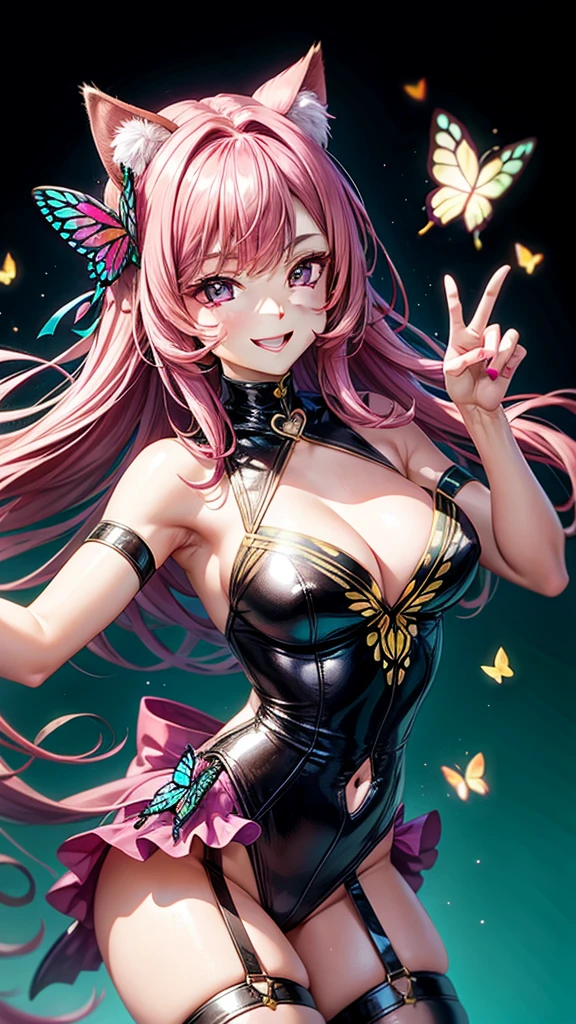 Magenta hair, hazel eyes, older woman, hair bows, cat ears, long hair, smiling face, sexy outfit, butterflies, teal and gold outfit, butterfly background