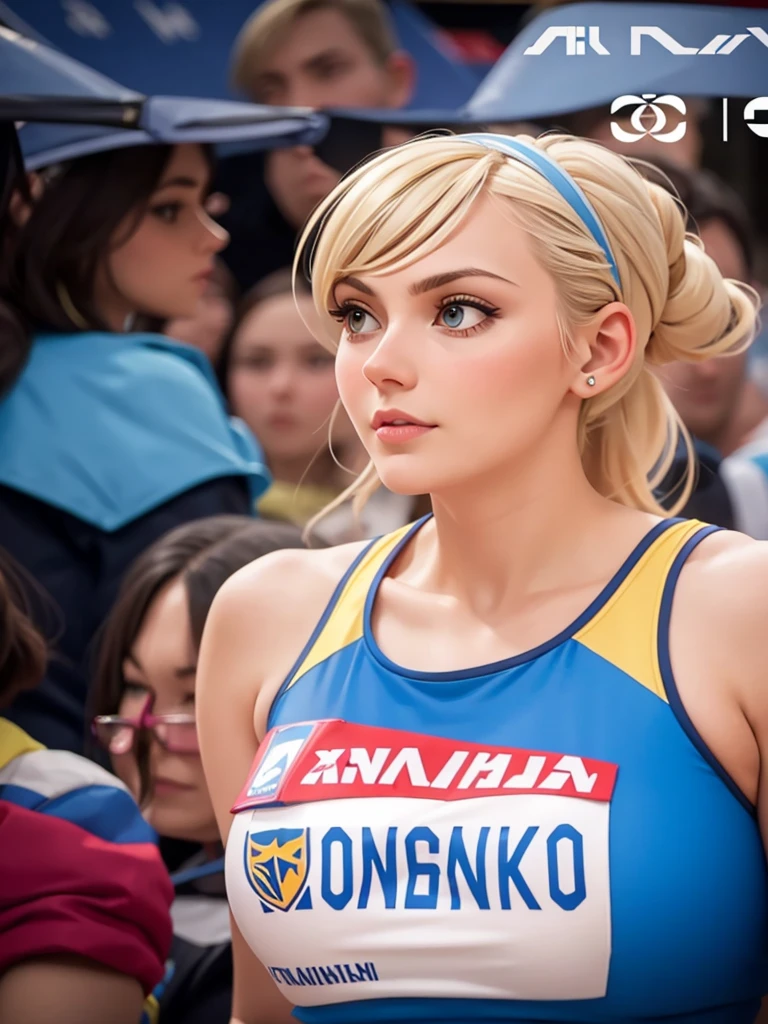a close up of a woman in a blue and yellow outfit, a portrait inspired by Olga Rozanova, tumblr, antipodeans, anastasia ovchinnikova, irina nordsol kuzmina, martina fackova, julia gorokhova, angelina stroganova, dasha taran, olga zakharova, nadezhda tikhomirova, Olympic athlete, ((((huge breasts))))