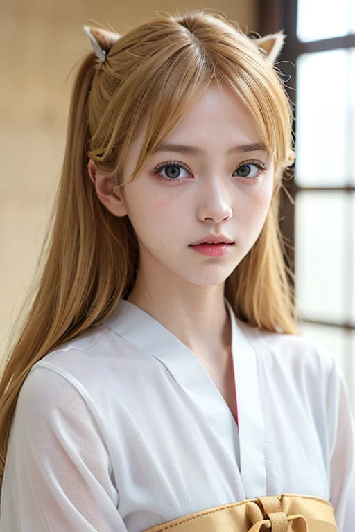 ((Beautiful blonde hair))、((Beautiful blonde))、Small fox ears、one girl, (a beauty girl, delicate girl:1.3), (12 years old, change:1.3), break,((Shrine maiden costume)),(Brown fox ears) break, Definition of Very Fine Particles, (Symmetrical eyes:1.3), break, (alley, Kyoto:1.3), perfectly trimmed fingers, break, ((Beautiful medium milk)), Brown eyes, Parted bangs, Brown Hair, girl, break, (Eye and facial details:1.0), break, (masterpiece, Highest quality, Very detailed, Detailed face, 8k)