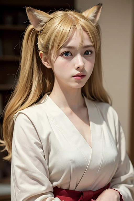 ((Beautiful blonde hair))、((Beautiful blonde))、Small fox ears、one girl, (a beauty girl, delicate girl:1.3), (, change:1.3), break,((Shrine maiden costume)),(Brown fox ears) break, Definition of Very Fine Particles, (Symmetrical eyes:1.3), break, (alley, Kyoto:1.3), perfectly trimmed fingers, break, ((Beautiful medium milk)), Brown eyes, Parted bangs, Brown Hair, girl, break, (Eye and facial details:1.0), break, (masterpiece, Highest quality, Very detailed, Detailed face, 8k)