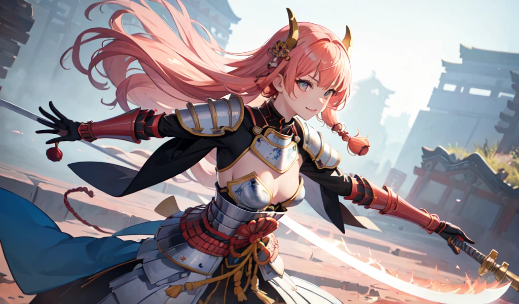 Highest quality, (masterpiece:1.3), Absurd, High resolution,16K, 超High resolution, Official Art, figure,Very detailed, One girl, alone, whole body, 20-year-old,
Delicate line tail face, (long hair1.2), (straight hair1.8), (beautiful (Coral Pink) hair:1.2), (shiny hair:1.2), (beautiful (Money) eye:1.2), (shiny eye:1.2), (Small breasts), (Glowing Skin:1.4),
View your viewers, (Cowboy Shot:1.5), (Dynamic Angle)
Are standing, (Dynamic pose), A light smile,
((Japanese) (armor):1.5), (Samurai Girl), (Holding a sword), (Combat Stance), (((Swinging Sword, Slashing, attack)))