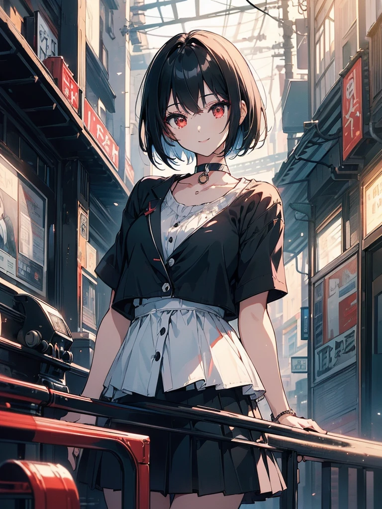 (masterpiece, highest quality, highest quality, (No text), Beautiful and aesthetic:1.2),No text,アニメ、BREAK,One Girl,Black Hair Girl short hair older sister choker Beautiful eyes Red eyes cool smile Black and white Black jacket mini skirt whole body In town