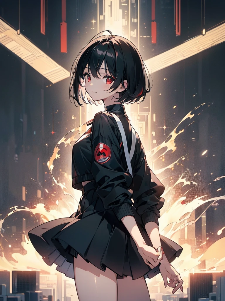 (masterpiece, highest quality, highest quality, (No text), Beautiful and aesthetic:1.2),No text,アニメ、BREAK,One Girl，Black Hair Girl　short hair　older sister　choker　Beautiful eyes　Red eyes　cool　smile　Black and white　Black jacket　mini skirt　whole body　In town