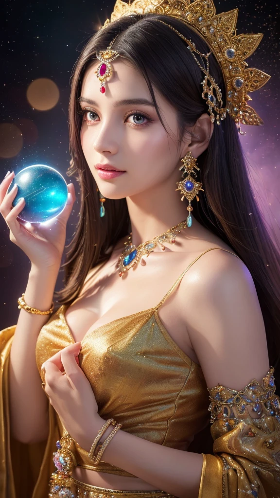 (a mystical woman with long straight dark hair,detailed jeweled headpiece,intricate earrings,serene expression,holding glowing crystal ball in both hands,cosmic background,sparkling stars,circular ornament with colorful gems,magical otherworldly scene,soft radiant lighting,ethereal atmosphere,best quality,4K,8k,highres,masterpiece:1.2,ultra-detailed,realistic,photorealistic,photo-realistic:1.37,HDR,uhd,studio lighting,ultra-fine painting,sharp focus,physically-based rendering,extreme detail description,professional,vivid colors,bokeh)Blonde, Symmetrical, 