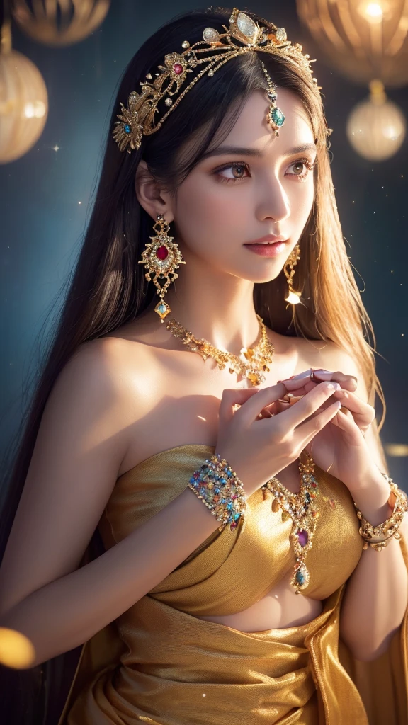 (a mystical woman with long straight dark hair,detailed jeweled headpiece,intricate earrings,serene expression,holding glowing crystal ball in both hands,cosmic background,sparkling stars,circular ornament with colorful gems,magical otherworldly scene,soft radiant lighting,ethereal atmosphere,best quality,4K,8k,highres,masterpiece:1.2,ultra-detailed,realistic,photorealistic,photo-realistic:1.37,HDR,uhd,studio lighting,ultra-fine painting,sharp focus,physically-based rendering,extreme detail description,professional,vivid colors,bokeh)Blonde, Symmetrical,