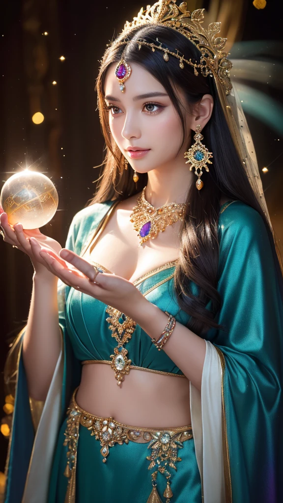 (a mystical woman with long straight dark hair,detailed jeweled headpiece,intricate earrings,serene expression,holding glowing crystal ball in both hands,cosmic background,sparkling stars,circular ornament with colorful gems,magical otherworldly scene,soft radiant lighting,ethereal atmosphere,best quality,4K,8k,highres,masterpiece:1.2,ultra-detailed,realistic,photorealistic,photo-realistic:1.37,HDR,uhd,studio lighting,ultra-fine painting,sharp focus,physically-based rendering,extreme detail description,professional,vivid colors,bokeh)Blonde, Symmetrical,
