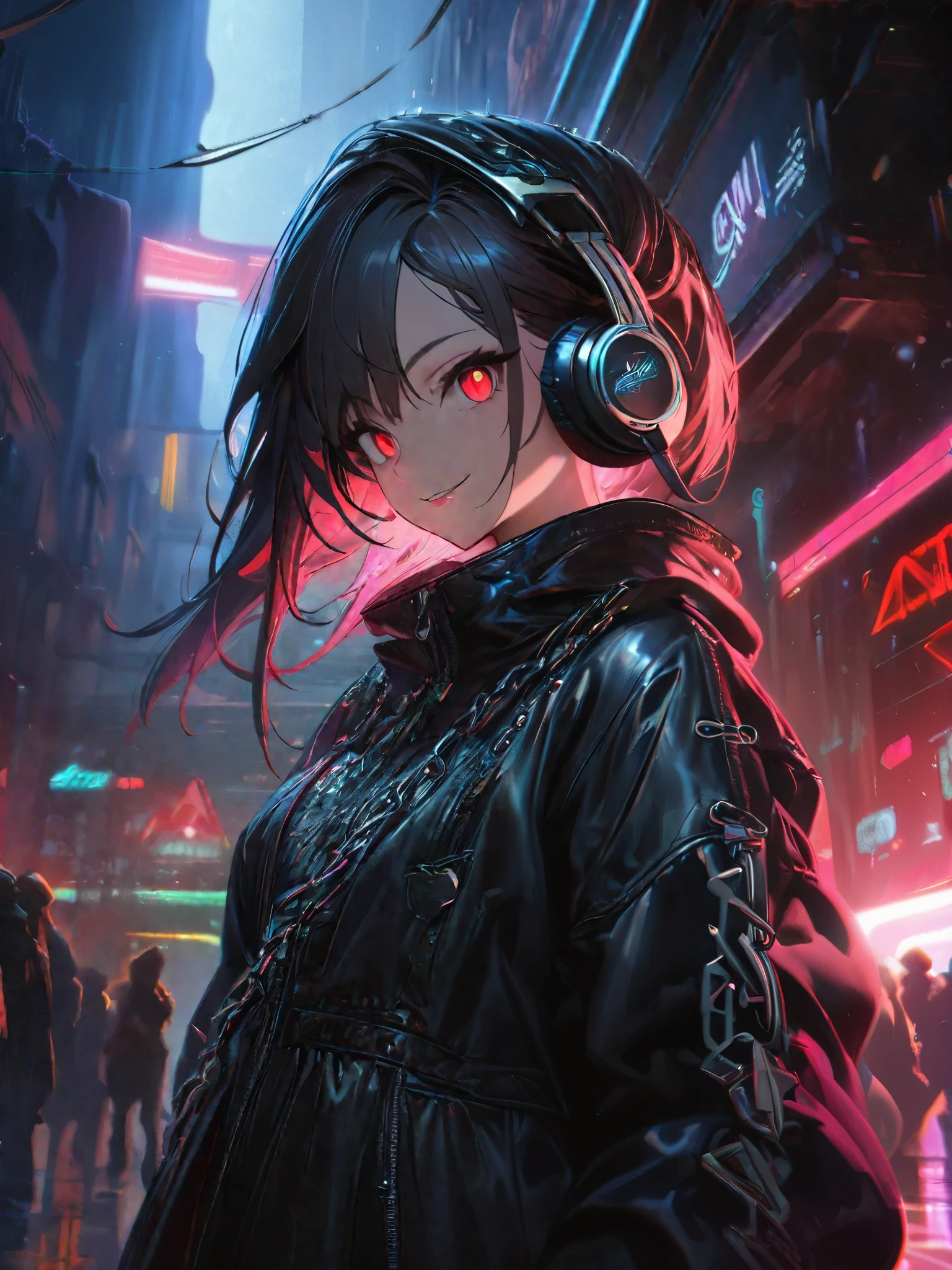 1 girl, chromatic aberration, Written boundary depth, Soft Light, masterpiece, Highest quality, complicated, Tone Mapping, Very detailed, Art Station, Concept Art, Smooth, Clear focus, Dramatic lighting, Very detailed artwork, movie, super practical painting, Art Station's trending, 8k, Incredible Shadows, practical, (Very detailed background:1.0), whole body, View, Viewers, Very detailed portrait of one girl 1, standing on street corner, Heavy rain and lightning、Dark Sky, neon and cyber punk background, she is dressed in punk clothing with silver chains and silver spikes, Her hair was dyed a bright black color.，The middle part is black, She wears headphones, Detailed red eyes with clear pupils, Ominous aura of light, smile, punk, ciber punk, Backlight.Her hair is neatly tied up.、Announcer talking about horses&#39;tail、smileが素敵.beauty