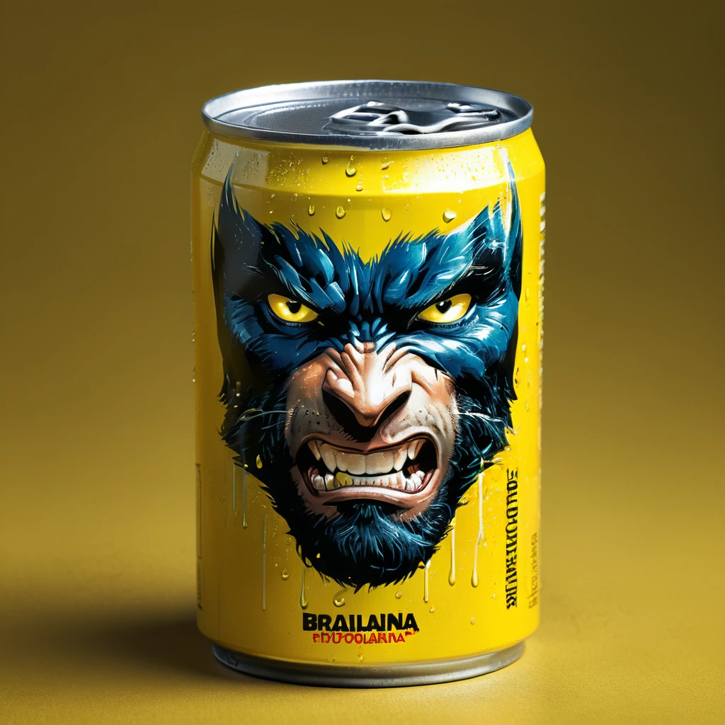a vibrant yellow can of Brazilian guarana soda, wolverine iconic face print, commercial designers, production engineers, fierce expression, power and adventure, glistening droplets, refreshing burst of flavor, modern background, rich cultural heritage of Brazil, thrilling world of Wolverine, must-have collectible, (best quality,4k,8k,highres,masterpiece:1.2),ultra-detailed,(realistic,photorealistic,photo-realistic:1.37),HDR,UHD,studio lighting,ultra-fine painting,sharp focus,physically-based rendering,extreme detail description,professional,vivid colors,bokeh,commercial,advertisement,product design,illustration,photography