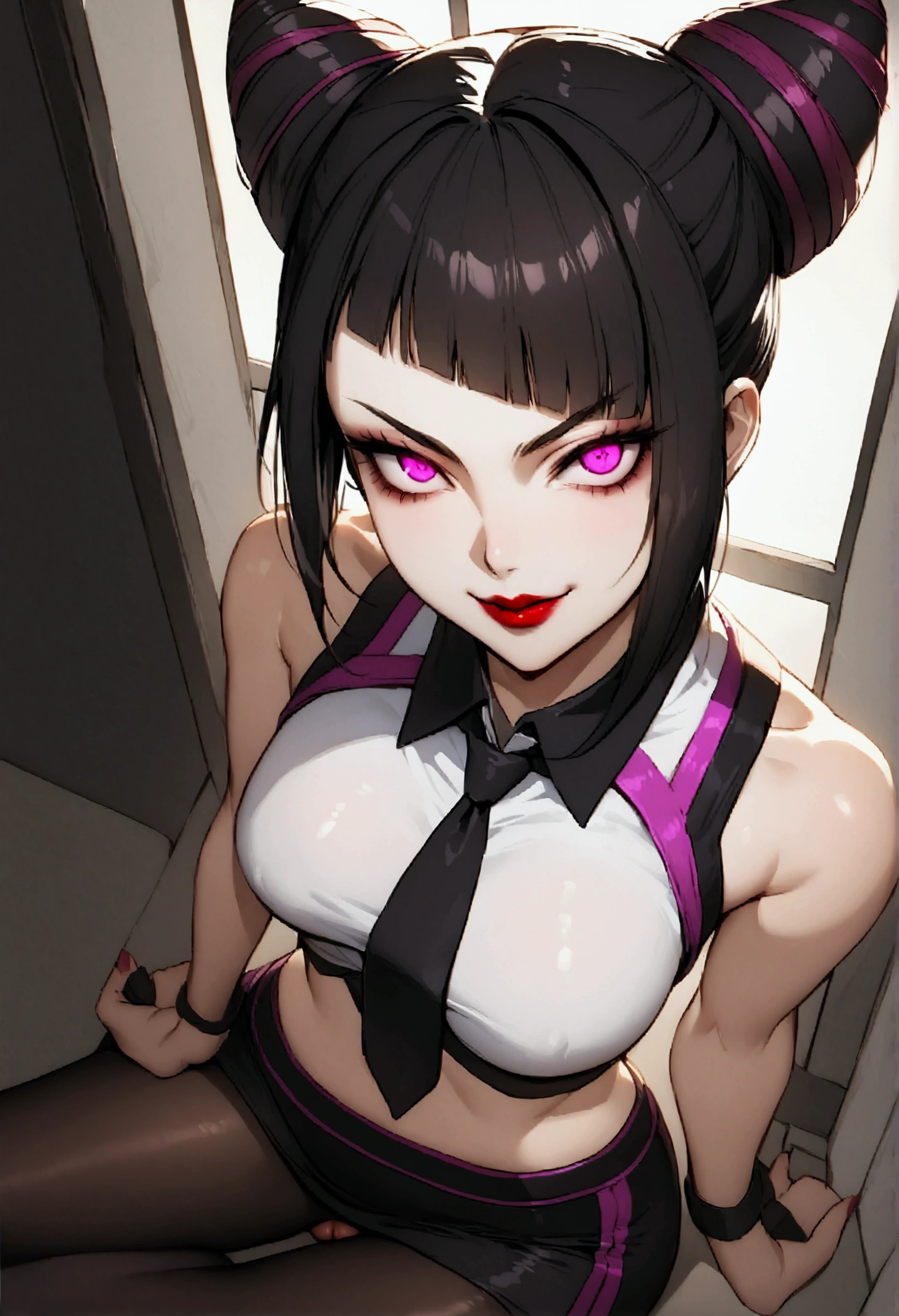 dark eye shadow,shining eyes,beautiful young fitness woman with , in a gym wearing May with black pantyhose, tight white and purple gym jacket. standing alone,hair horns,glowing purple eyes,Evil smile,legging preto ,labiaa,dark eye shadow,shining eyes,close up,boca aberta com grande evil smile,
juri han, work of art, tight white secretary shirt with black tie, black high waist skirt, short skirt,stocking, black hair, black tightscary sun,office,bangs on the eyes,Lighting, hair with purple details,view from above,staring overhead,evil smile,sitting,cross legs,red eyes glowing,red lips,The eyes,pussy,seducing smile,open legss,stocking black