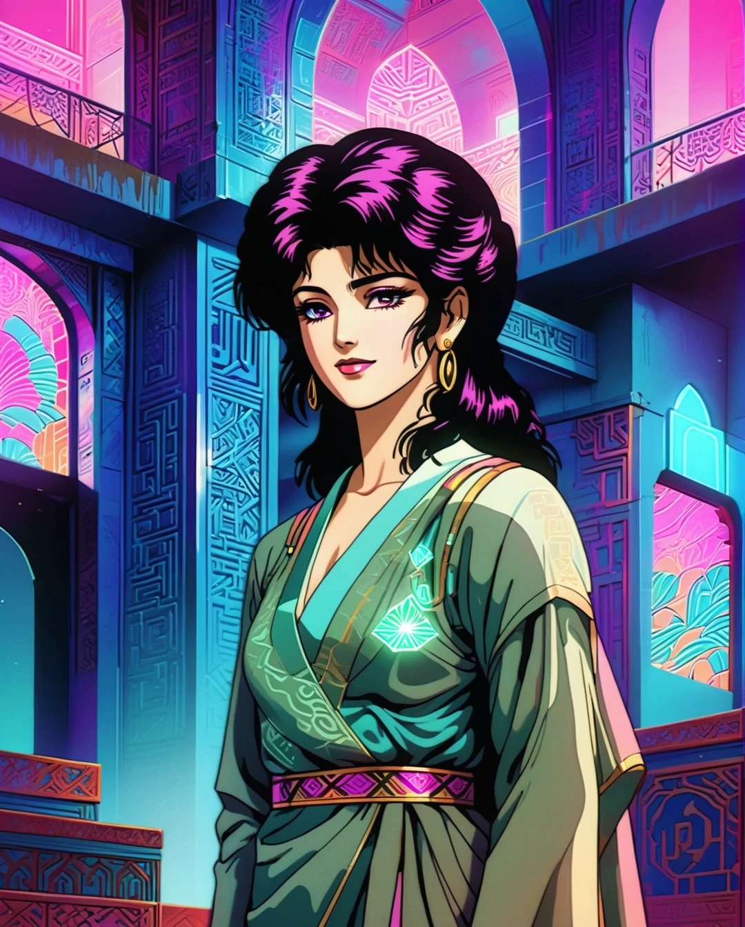 In a futuristic neon-lit oasis, a Persian woman adorned in traditional clothing is transformed with vaporwave aesthetics. The scene blends ancient Persian architecture with cyberpunk elements, showcasing intricate patterns, vibrant colors, and holographic textures that bring a modern twist to her attire. The high-quality artwork captures the harmony between tradition and technology, offering a mesmerizing visual experience that immerses viewers in a unique cultural fusion.