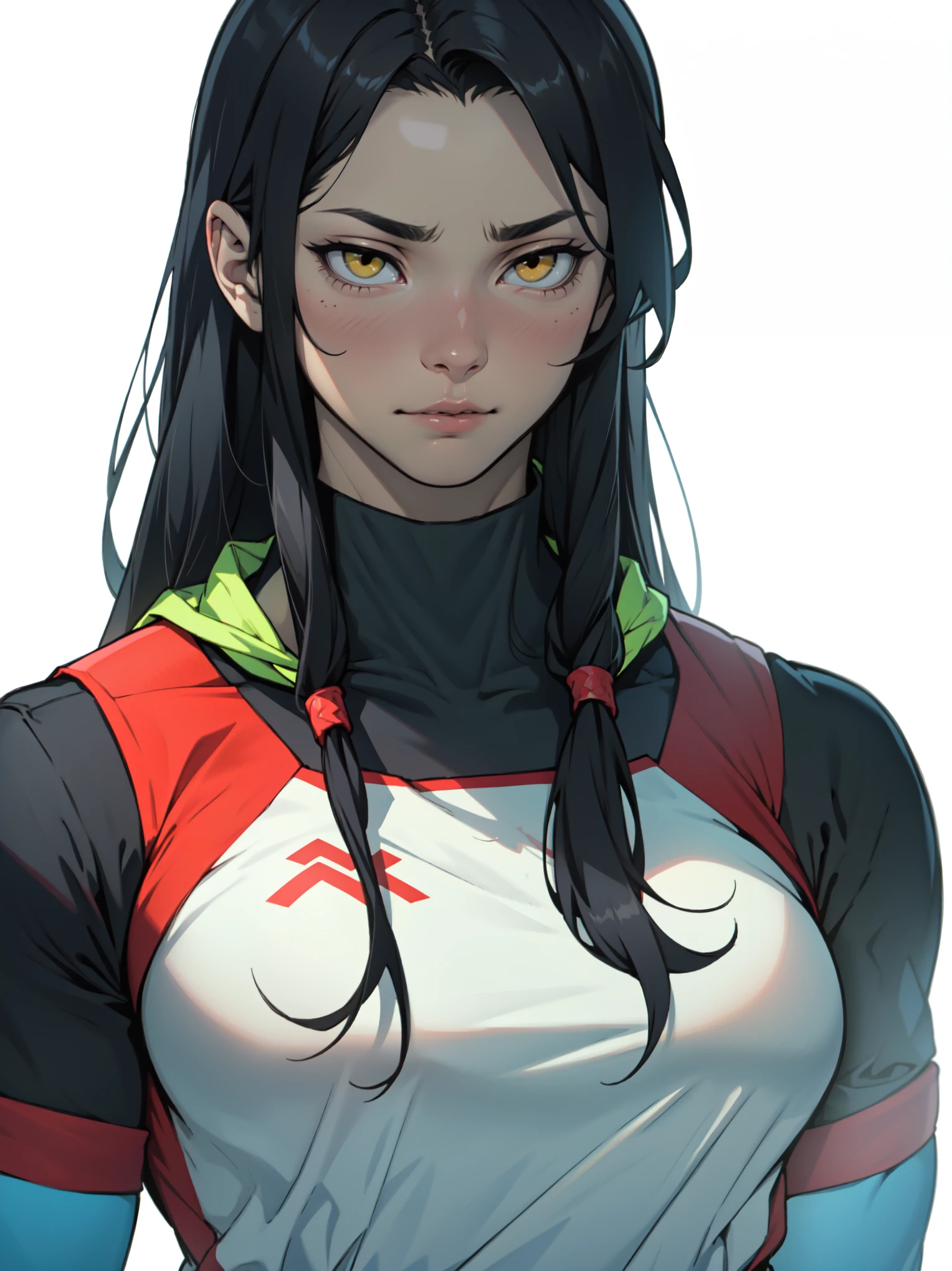 empty eyes embarrassed girl black hair yellow eyes pale skin muscular girl feminine