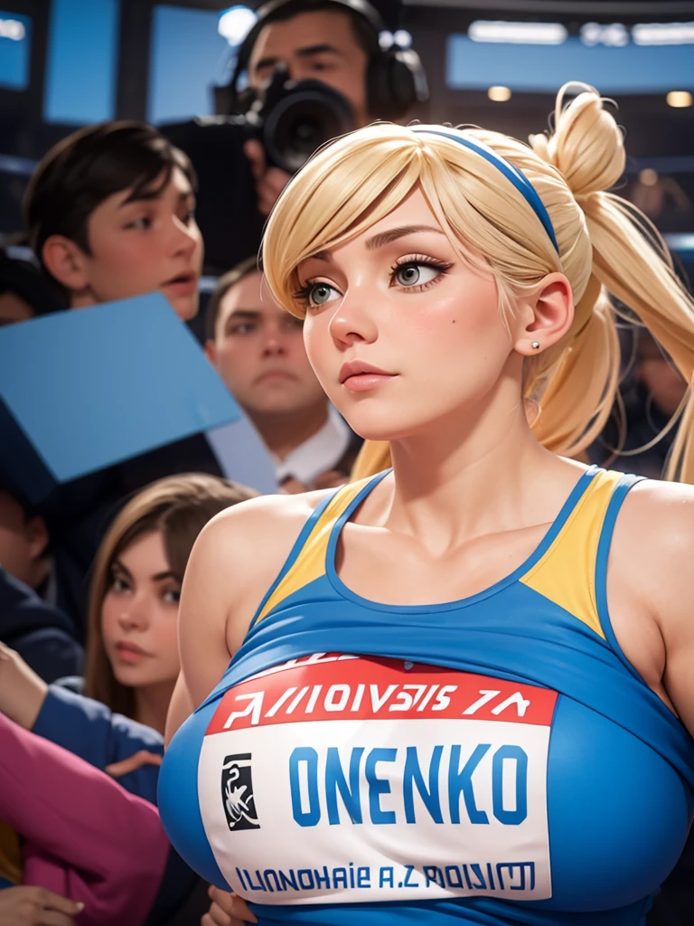 a close up of a woman in a blue and yellow outfit, a portrait inspired by Olga Rozanova, tumblr, antipodeans, anastasia ovchinnikova, irina nordsol kuzmina, martina fackova, julia gorokhova, angelina stroganova, dasha taran, olga zakharova, nadezhda tikhomirova, Olympic athlete, ((((massive breasts))))
