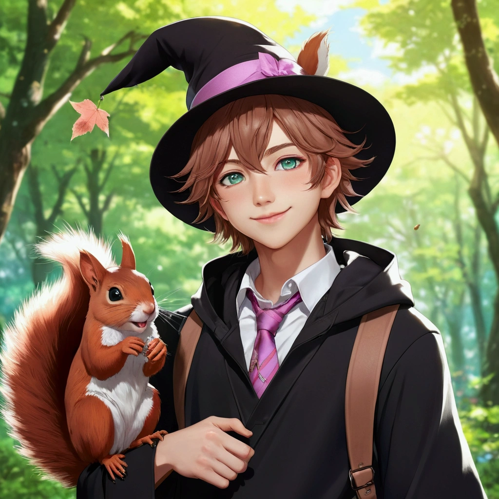 anime boy with a hat and a squirrel on her shoulder, key anime art, young wizard, black magician girl, genshin, anime character, flirty anime witch casting magic, zerochan art, beautiful wizard, key anime visuals, keqing from genshin impact, detailed anime character art, splash art anime , ayaka genshin impact, fuul body, wearing black shoes and long brown trousers, wearing a pink witch hat, wearing a squirrel tail, brown nut hair, green eyes, smile face, anime, a girl with a hat and a squirrel on her shoulder, kawacy, 🍁 cute, key anime art, genshin, 🍂 cute, detailed key anime art, detailed anime character art, trending on artstation pixiv, anime boy, tall anime guy with blue eyes, cunning smile, high quality portrait, anime wallaper, rin, very detailed fanart, glitter, perfect detailed,