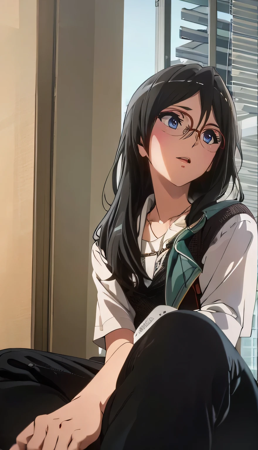 Masterpiece, high res, alone, {Thanaka_Asuka_euphonium sound:1.15} (park:1.13), black_hair, long_hair, glasses, light blue_eyes, Blush, red frame_glasses, Seraph, beyond the edge_glasses, semi borderless_glasses, hair_between_eyes,