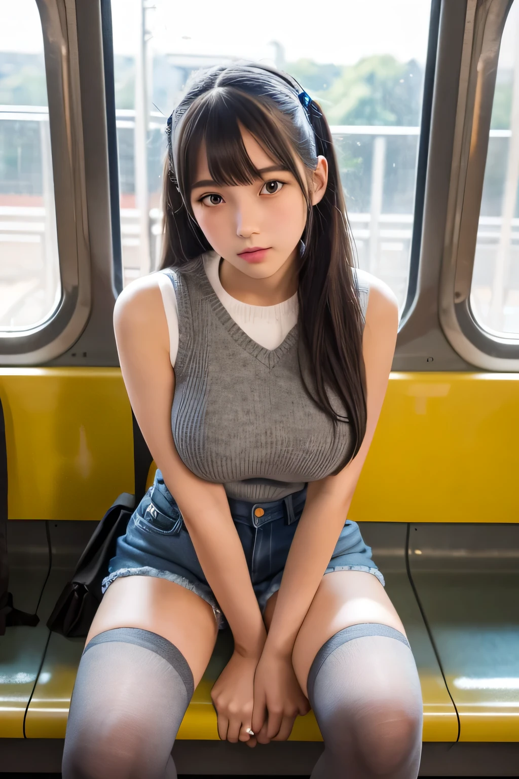 Highest quality、8k、Black thigh-high socks、 girl、Big Breasts、Cute like an idol、Denim shorts、Black Knee High Socks、Grey sleeveless knit、Spread your legs、Leg spread、Inside the train、sit on a bench、from the front、