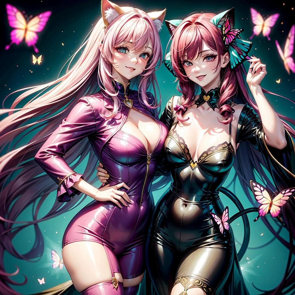 Magenta hair, hazel eyes, older woman, hair bows, cat ears, long hair, smiling face, sexy outfit, butterflies, teal and gold outfit, butterfly background