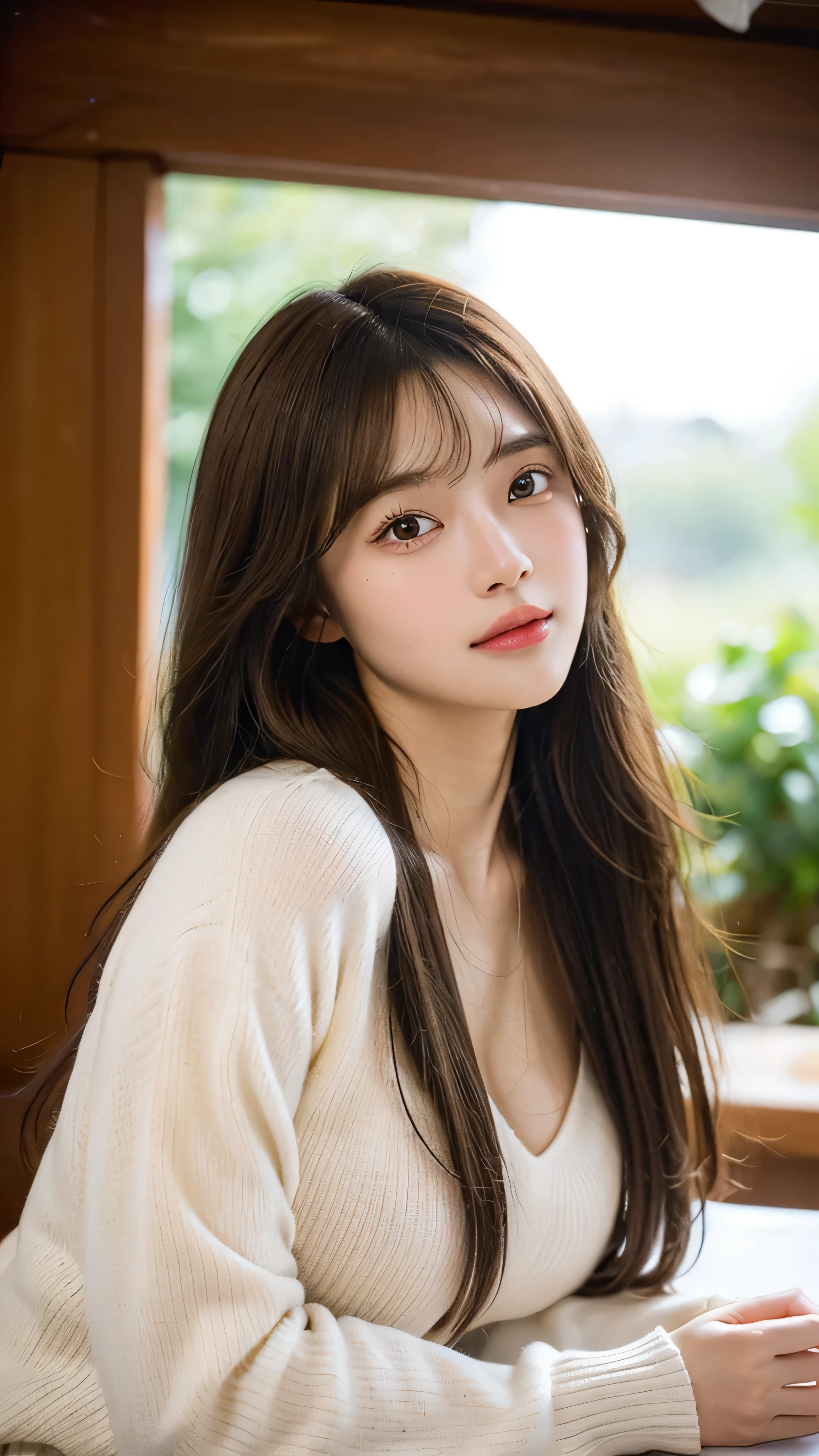 More skin, toView, Brown-eyed, (Light Brown Fringe Hair:1.2),Braided hair、The long-haired、Golden Ratio Face、Detailed eyebrows、A detailed eye、Detailed nose、Detailed mouth、Detailed hand、(Photorealsitic:1.4), (Top image quality:1.0), (超A high resolution:1.0), 8k, Raw photography, (​masterpiece:0.2), (pureerosface), beautiful night, Cheerful and happy, crystal clear skies, og style, (Skin Texture, Film grain), Cinematic Light, side lights, Ultra high resolution deep V sweater、(Big ), Coordinated breasts, Facressions waiting for a kiss,Bright lighting, from waist up