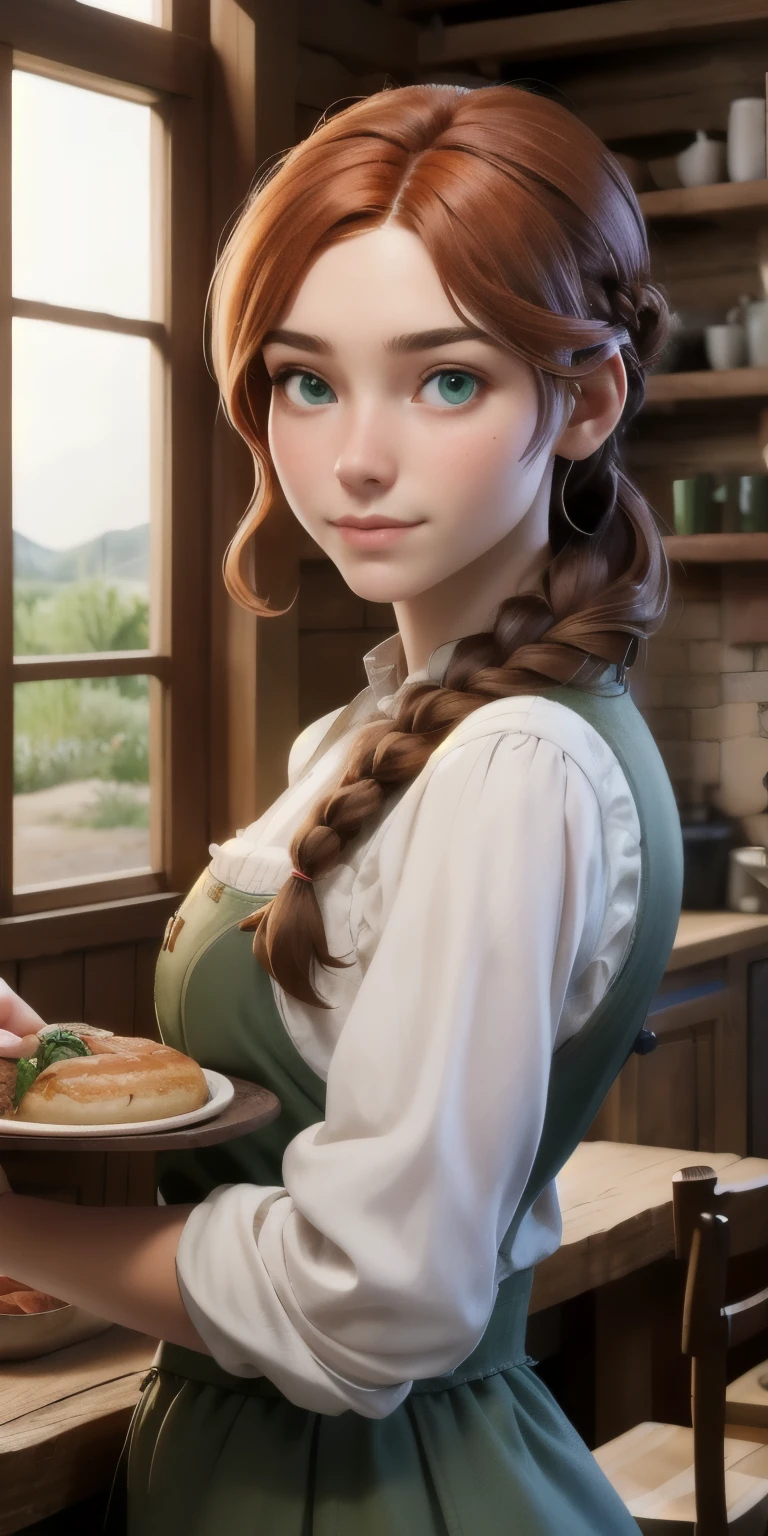 A teenage girl with auburn hair and green eyes, sharing her mother’s striking features. She is dressed in a practical yet modest medieval tavern outfit, with her hair tied back in a simple braid. Her expression is attentive and kind, showing a deep connection to the family business. She carries a tray with plates of food, moving gracefully between the tables. Her demeanor is warm and inviting, with a hint of youthful curiosity