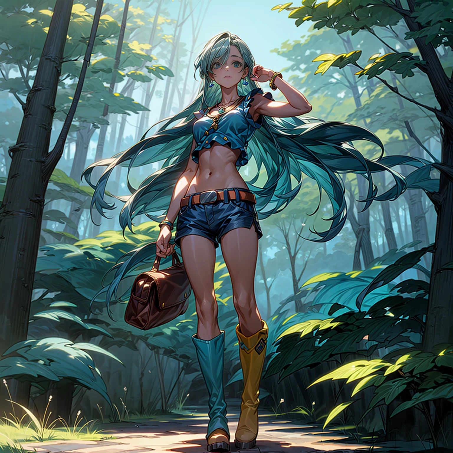 Solo character, full body version, girl, blue long hair, yellow crop top, Short jeans, belt, bracelet, necklace, bag in back, boots, sky blue, forest, standing gesture, Diamond earrings 