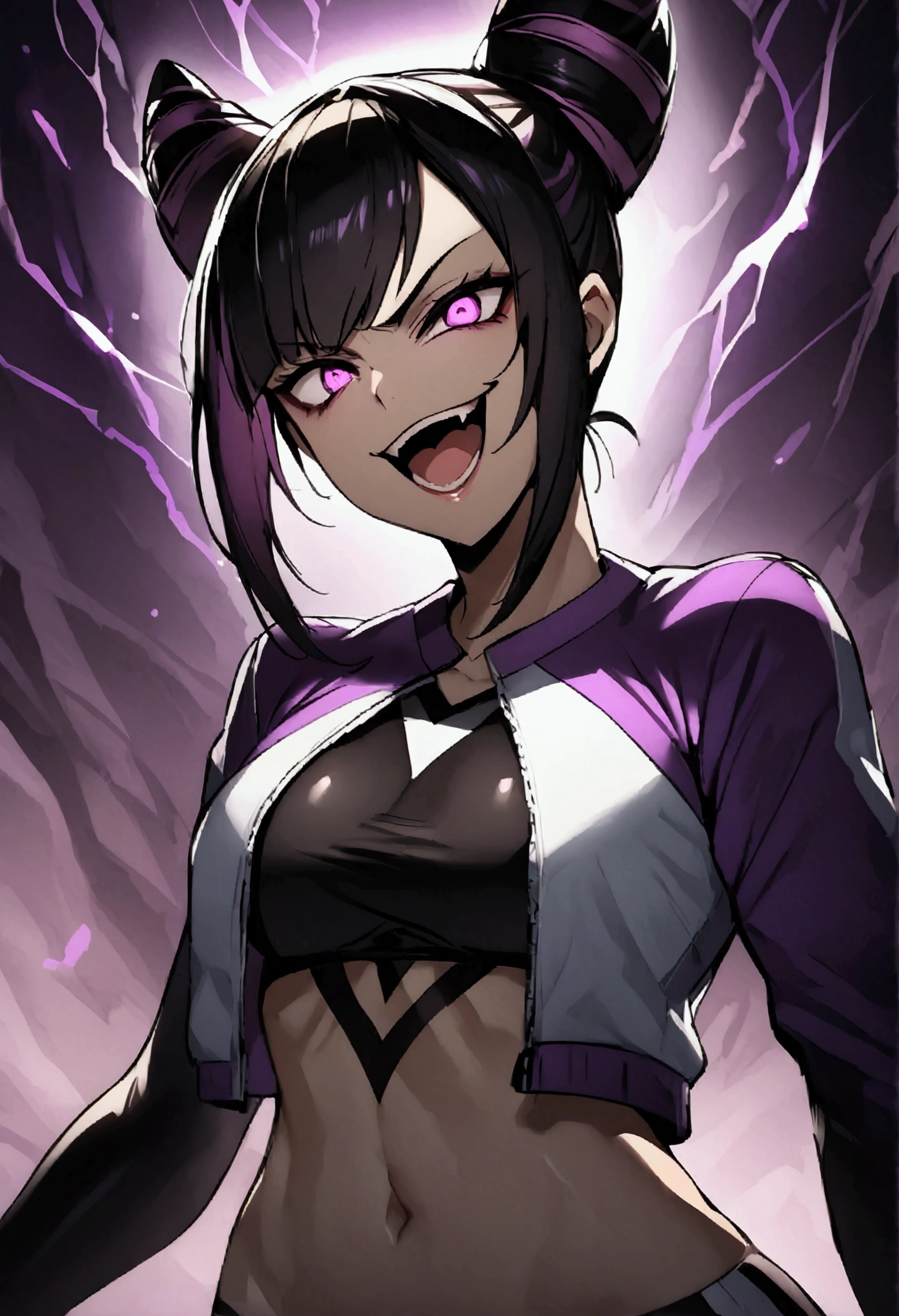 dark eye shadow,shining eyes,beautiful young fitness woman with , in a gym wearing May with black pantyhose, tight white and purple gym jacket. standing alone,hair horns,glowing purple eyes,Evil smile,legging preto ,labiaa,dark eye shadow,shining eyes,close up,open mouth with big evil smile