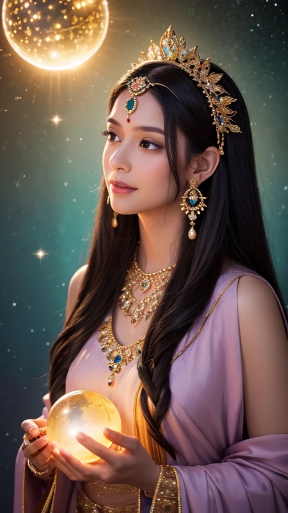 “A mystical woman with long, straight dark hair, adorned with a jeweled headpiece and intricate earrings. She has a serene expression and is holding a glowing crystal ball in both hands. The background is cosmic, with sparkling stars and a circular ornament featuring colorful gems. The scene is magical and otherworldly, with a blend of soft, radiant lighting that enhances the ethereal atmosphere.”