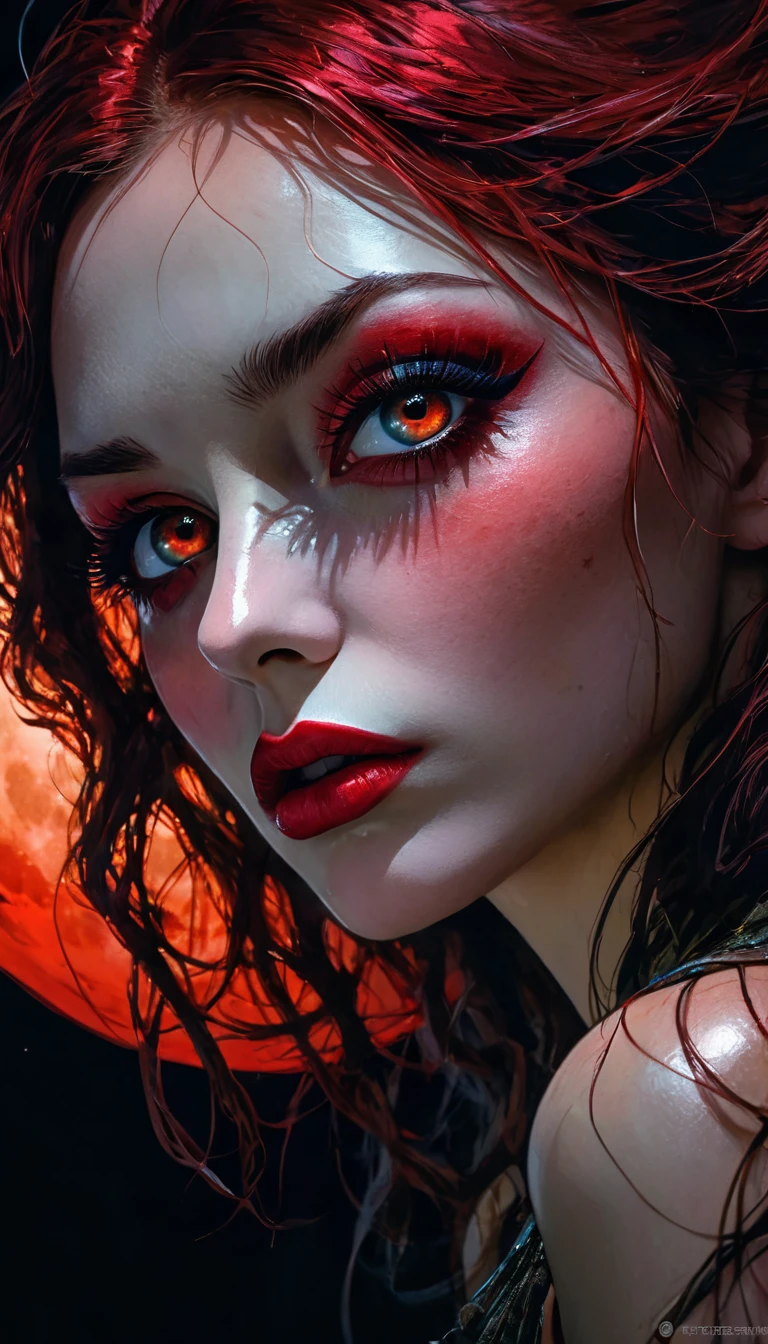 Red moon, dark, horror, inspired by Bill Sienkiewicz, detailed portrait, highly realistic, cinematic lighting, dramatic colors, dynamic composition, beautiful detailed eyes, beautiful detailed lips, extremely detailed face and body, long eyelashes, masterpiece, best quality, 8k, ultra-detailed, photorealistic, professional, vivid colors, seamless, dramatic lighting, moody atmosphere