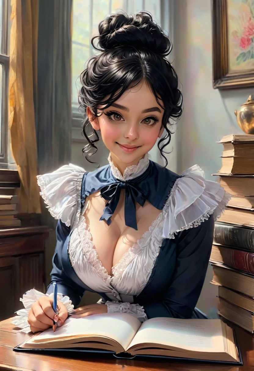 A colored pencil drawing of a pretty smiling happy victorian governess, curly black hair. Kind and inteligent, joyful energy. hair in bun, hat. book of poetry in hand.
thirst trap.