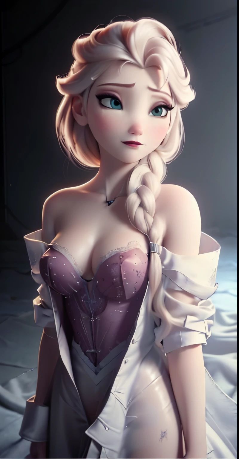  Elsa,chubby face,invent,face detail,blush,purple eye shadow, rose in hair,arise from,simple background, looking to the side,half shirt, White dress, No blouse, without bra, visible chest peak, (big tits) (big breasted) (fully exposed chest) ( naked and visible nipple) (big tits) (big breasted) (fully exposed chest) ( naked and visible nipple) big tits) (big breasted) (fully exposed chest) ( naked and visible nipple