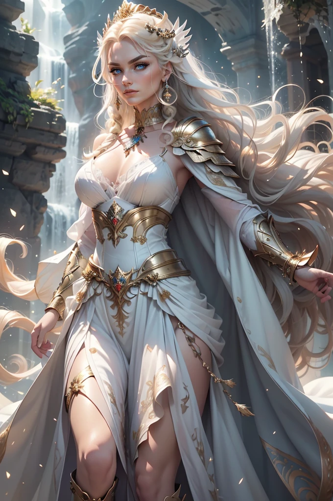 Brooke Shields, 29-years-old, as a mythological diva, in a long dress ( No Straps ), See-through fabric, thighs exposed, long white dress with gold details and long fringes, gold armbands, long gold bracelets, gold choker necklace, tiara dourada, large hoop earrings, golden belt, majestic pose, blonde hair with braids, athletic curvy body, clear eyes, look-at-camera, facial expression of tenderness, Romanticism, dark cave with piercing rays, stones, waterfall,(()) ((magnificent, majestic, beautiful celestial goddess of light)) ((floating above ground)) ((pale skin)) ((Big blue eyes)), ((dark eyeshadows make up)) ((bright red lips)), (()) ((long wavy platinum blonde hair, hair floating around)) ((big breast,1.7)) ((slender body)) ((wear armor chestplate:1.5, tiny thong bottom)) ((white cape)) ((armor shoulder pads, gauntlets long boots)) ((halo of gold and light above head)) ((hold a sword on her hand)) ((glowing magic sparks particles floating around)) ((battlefield background)), ((high definition:1.5), ((amazing lights and shadows)) ((masterpiece:1.5))((8k:1.5)) ((Best quality:1.4)), more_details:-1, more_details:0, more_details:0.5, more_details:1, more_details:1.5, more prism, vibrant color,