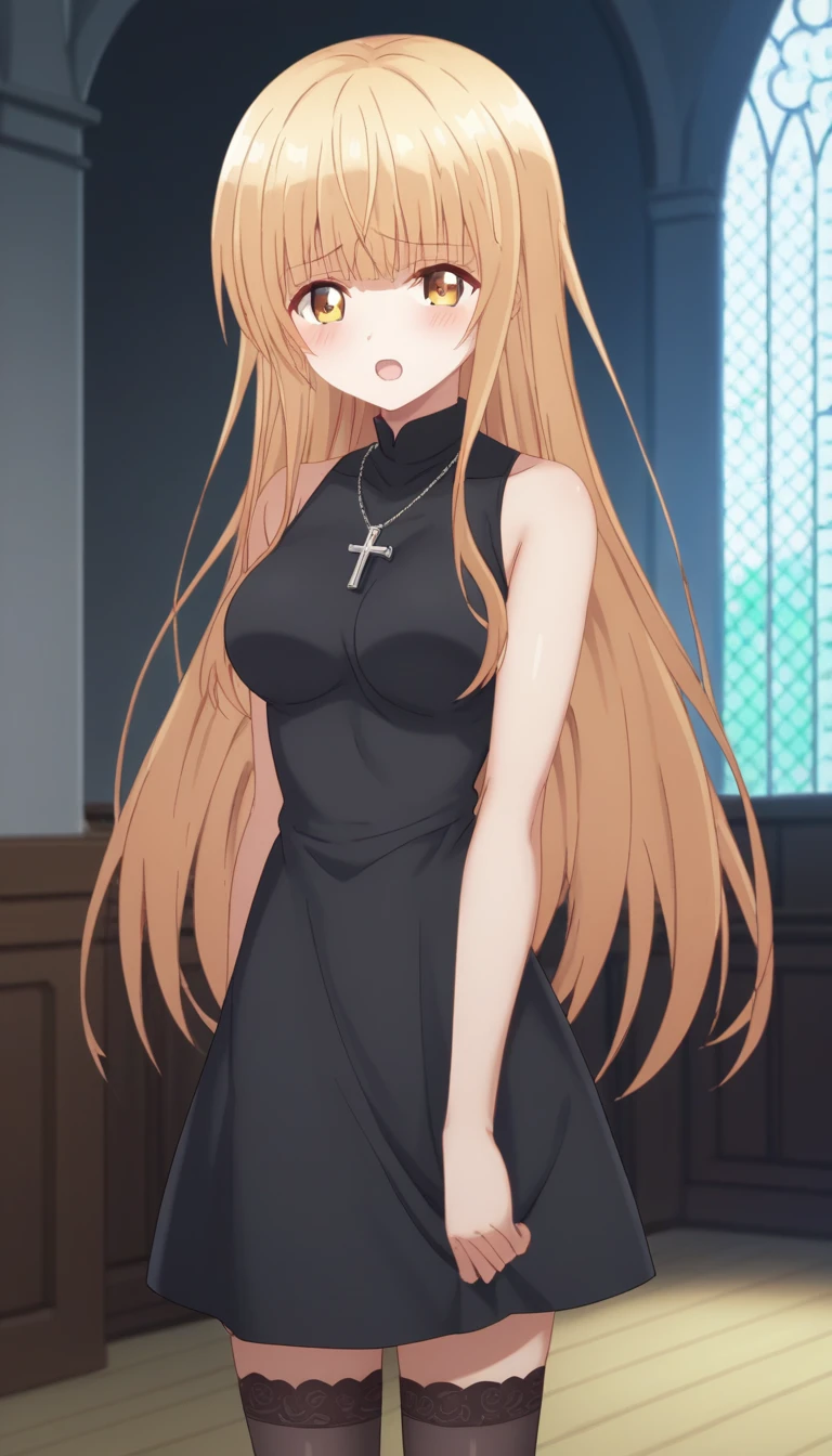 score_9, score_8_up, score_7_up, rating_explicit, 1girl, solo, MahiruShiina, otonari no tenshi-sama ni itsu no mani ka dame ningen ni sarete ita ken, shiina mahiru \(otonari no tenshi-sama\), yellow eyes, blonde hair, hair ornament, long hair, straight hair, medium breasts, black tight leather dress, cross necklace, sleeveless, black stockings, looking at viewer, standing, indoors, hall in the castle, detailed background, blush, open mouth,