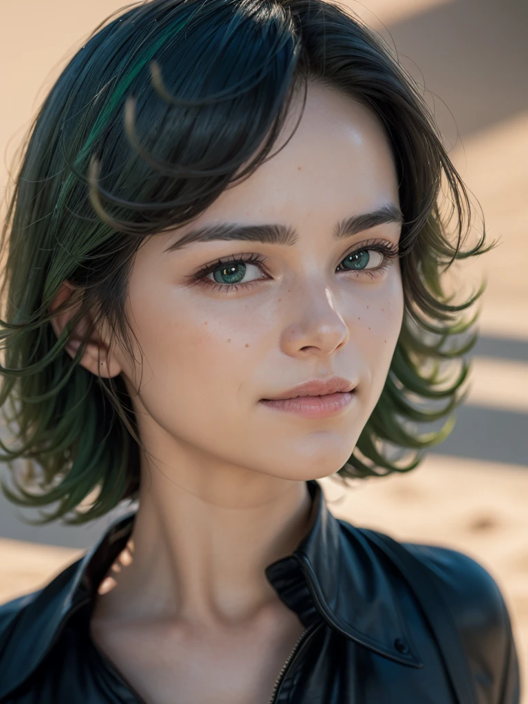 (masterpiece, best quality:1.4), (full body), 1girl, solo, outside, on a desert with sand and dust,angry face, tatsumaki, (pelvic curtain:1.2), long sleeves, black dress, (green hair), short hair, medium breasts, beautifull smile, beautiful face, highly detailed face, highly detailed eyes, highly detailed skin, skin pores, subsurface scattering, realistic pupils, full face blush, full lips, depth of field, volumetric lighting, sharp focus, absurdres, realistic proportions, good anatomy, (realistic, hyperrealistic:1.4), 16k hdr