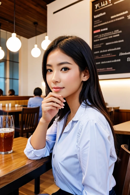 A beautiful American girl eating in a restaurant.